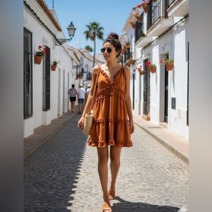 IRIS Rust Orange Ruffle Mini Dress Size M – Boho Flowy Summer